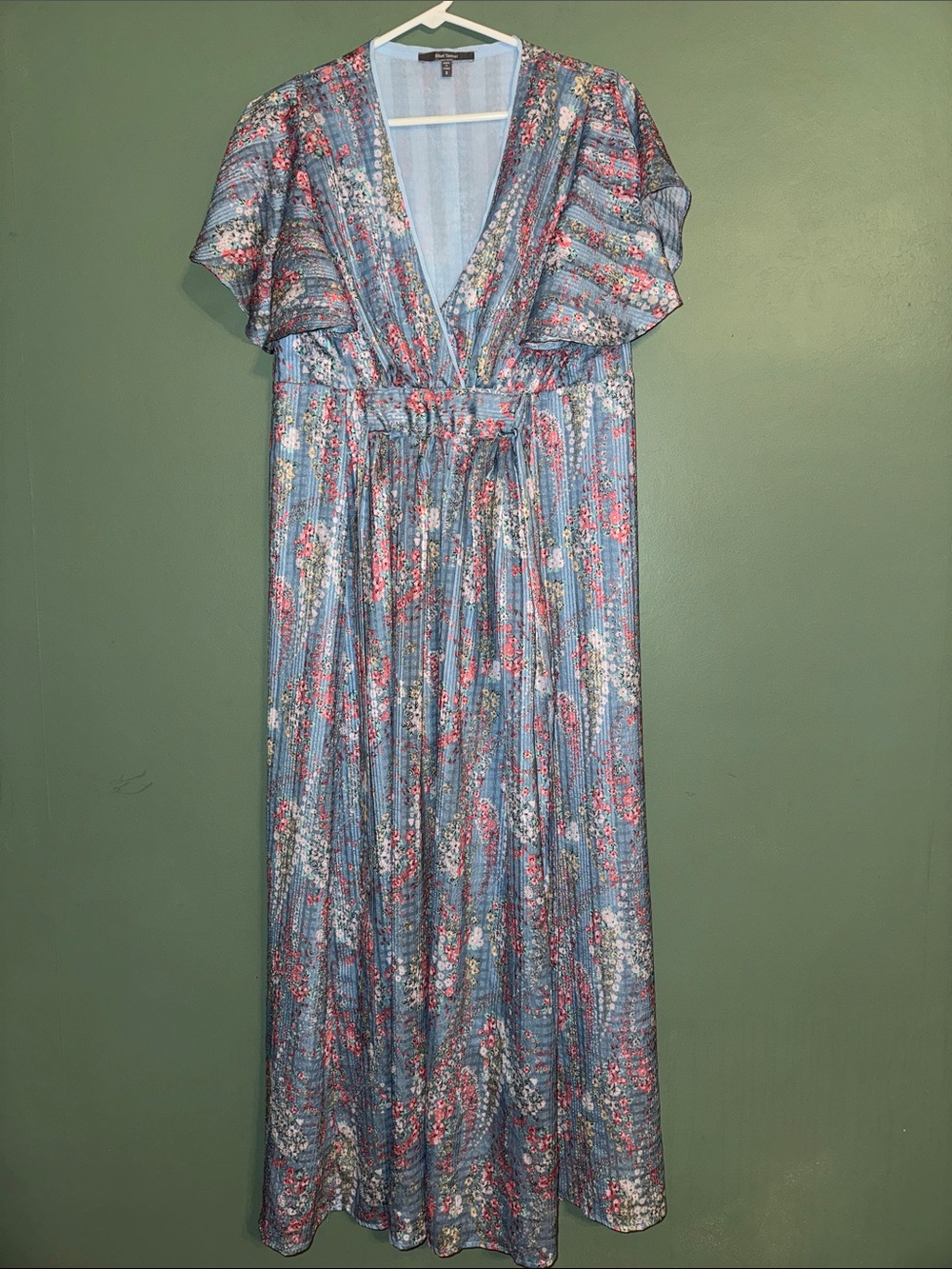 Blue Tassel Blue Pink Floral Flutter Sleeve Tie Waist Maxi Dress Chiffon Small